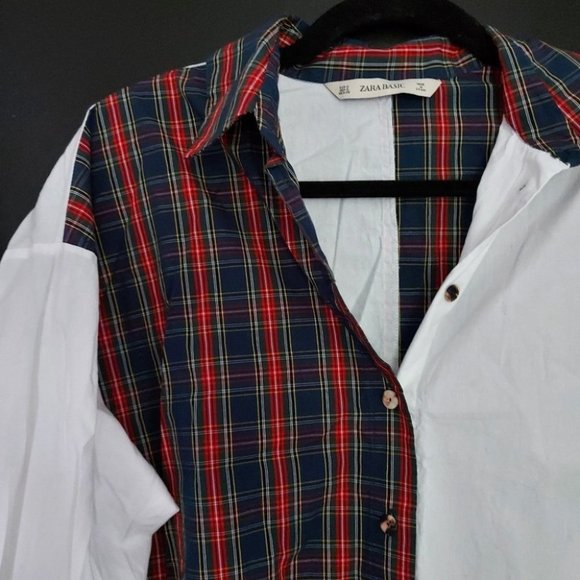 ZARA BASIC SPLIT PLAID / WHITE BUTTON UP SHIRT - Picture 3 of 5